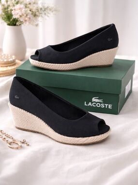 Lacoste Calavante Black Wedge Espadrilles Size 8 NWT | Canvas | Rope Sole
